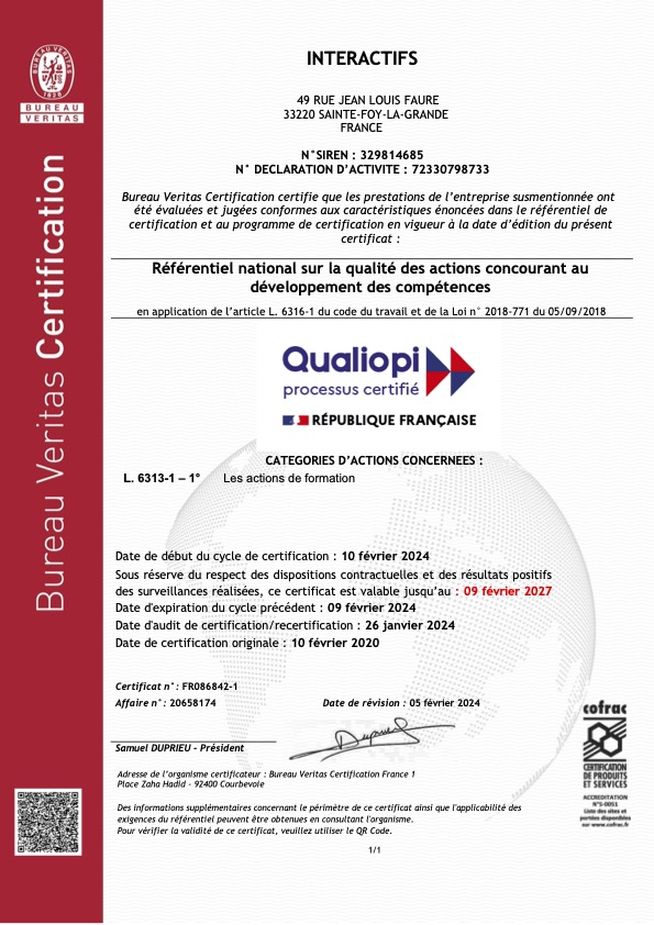 Certificat Qualiopi Interactifs, mise à jour suite audit qualité